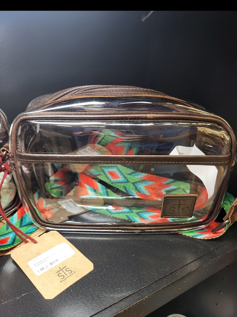 STS Ranchwear Clear Crossbody Bag with Brown Trim and Multicolor Aztec Strap